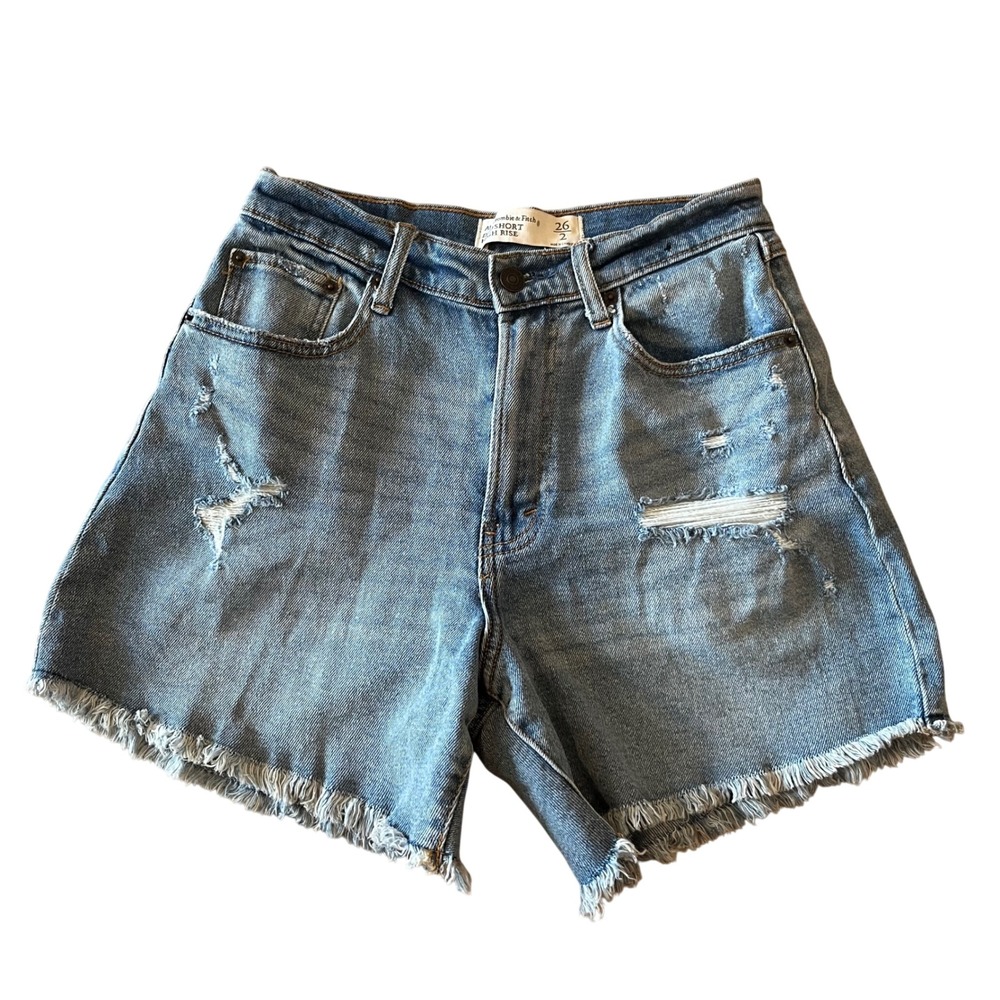 Abercrombie & Fitch Curve Love Dad Short High Rise Distressed Denim 26 2 Blue